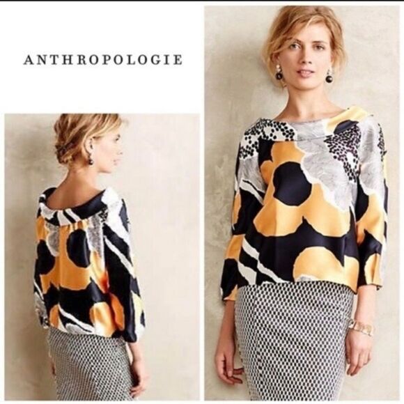 Anthropologie‎ Raoul For Made In Kind Black/White/Gold Floral Boatneck Top Sz 4